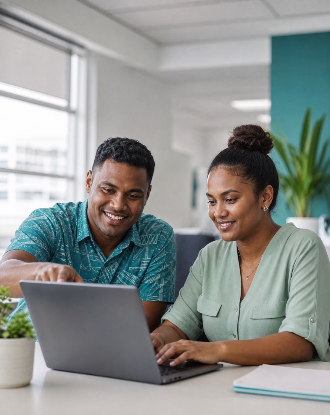 Two Fijian colleagues collaborating on a laptop in a bright Suva office